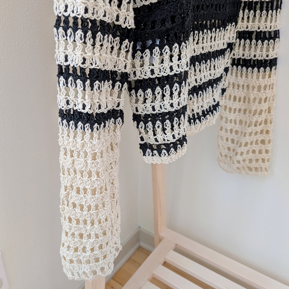 Zara Crochet Open Knit Striped Collared Henley Top In Black/Ivory - Picture 10 of 11
